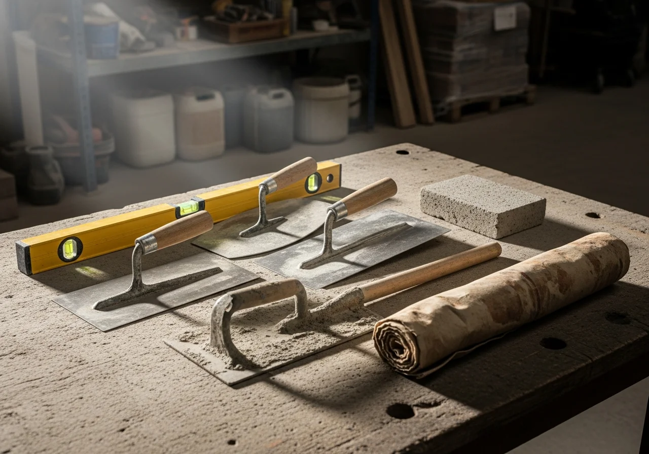 Masonry and concrete tools arranged on a work surface, showing trowels, levels, and finishing equipment typical of professional concrete installation.