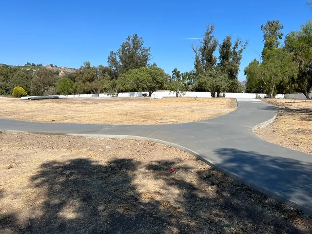 Curved concrete driveway with clean edges on dry terrain with trees
