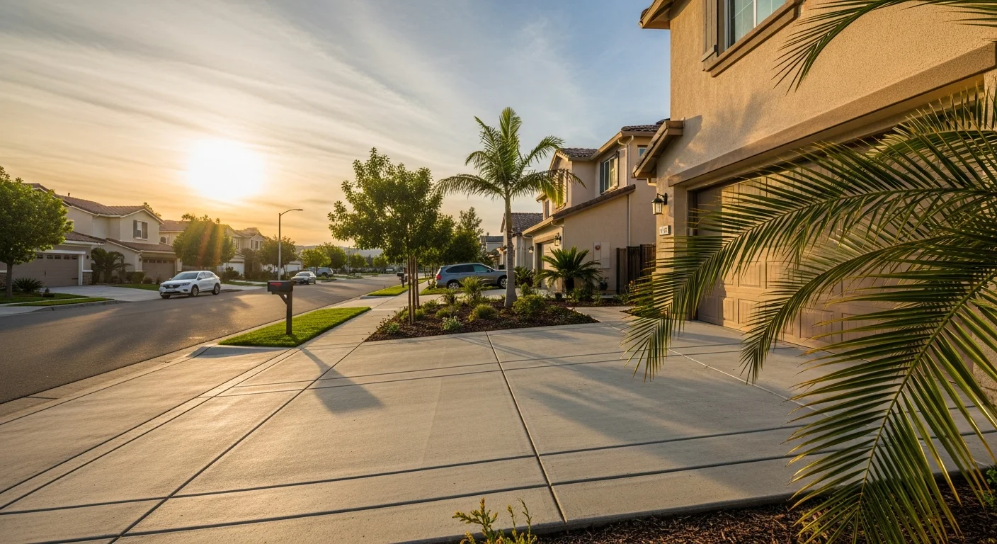 Residential street in Camarillo with palm trees and modern homes under clear sky.