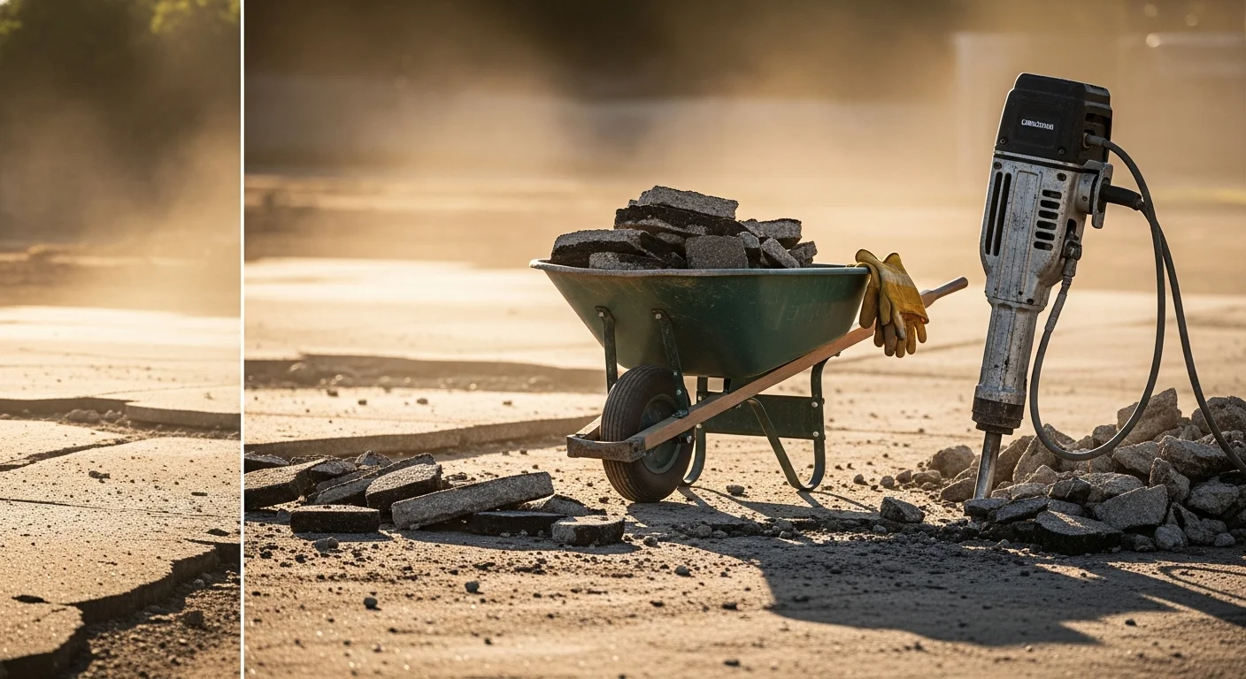 Broken and removed asphalt from a residential driveway in Camarillo, California, with debris cleared and the bare ground exposed and ready for new paving. A demolition crew from Ruiz Masonry & Concrete works on-site with equipment visible in the background.
