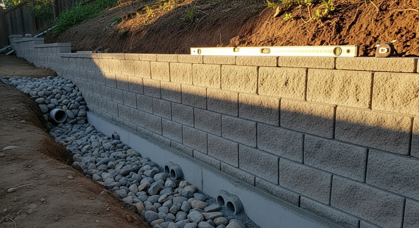A finished block retaining wall installed on a sloped residential backyard in Camarillo, California, with clean horizontal courses and a flat usable lawn area behind it. The wall shows reinforced concrete masonry block construction set against a graded hillside lot.