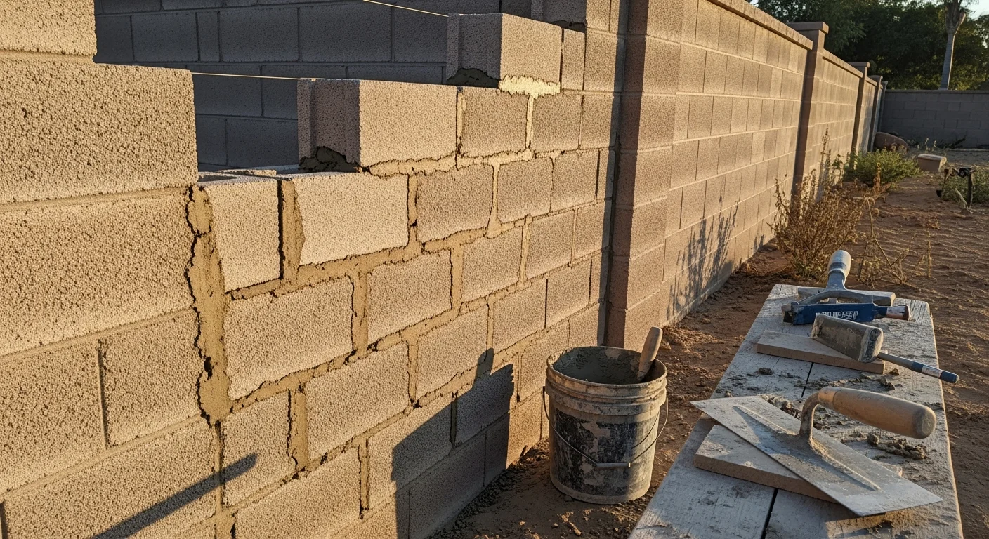A repaired concrete block wall along a residential property line in Camarillo, California, showing fresh mortar joints and intact blocks with no visible cracks or leaning. A masonry contractor from Ruiz Masonry & Concrete finishing the repointing work on a sun-exposed block wall typical of Ventura County homes.