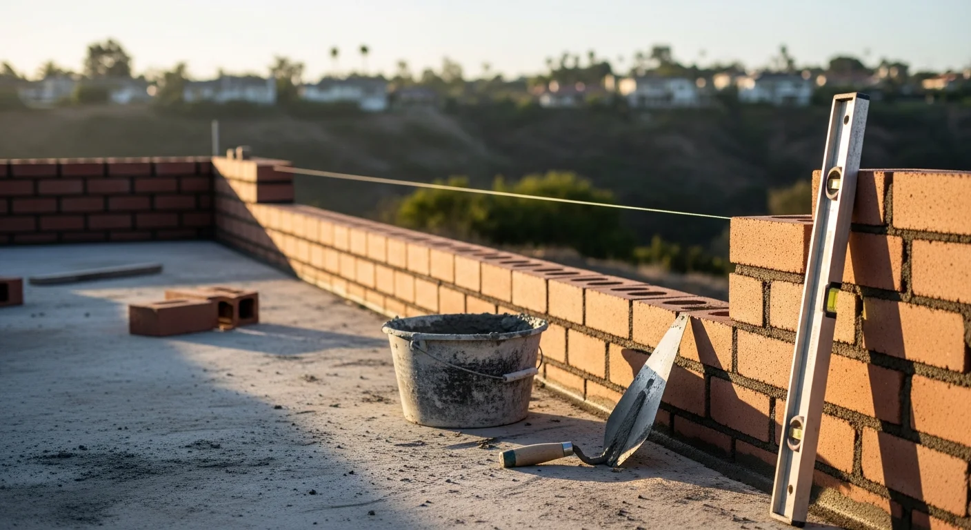 A freshly installed brick garden wall along the front yard of a single-story Camarillo home, with clean mortar joints and a uniform brick pattern. The wall borders a concrete walkway leading to the front entry of the property.