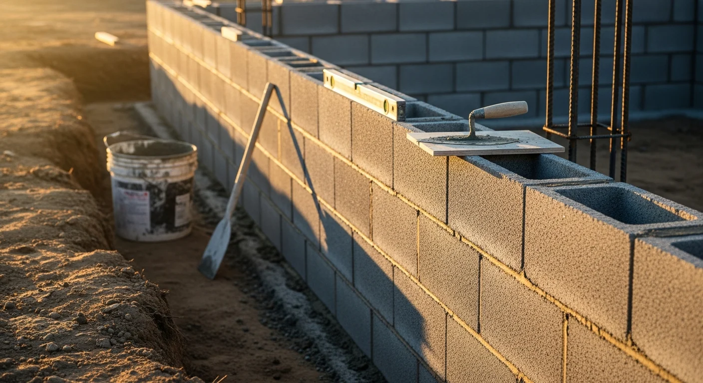 A finished CMU block wall with a flat cap running along a residential property boundary in Camarillo, California. The wall shows uniform coursing, clean mortar joints, and a smooth cap block along the top.
