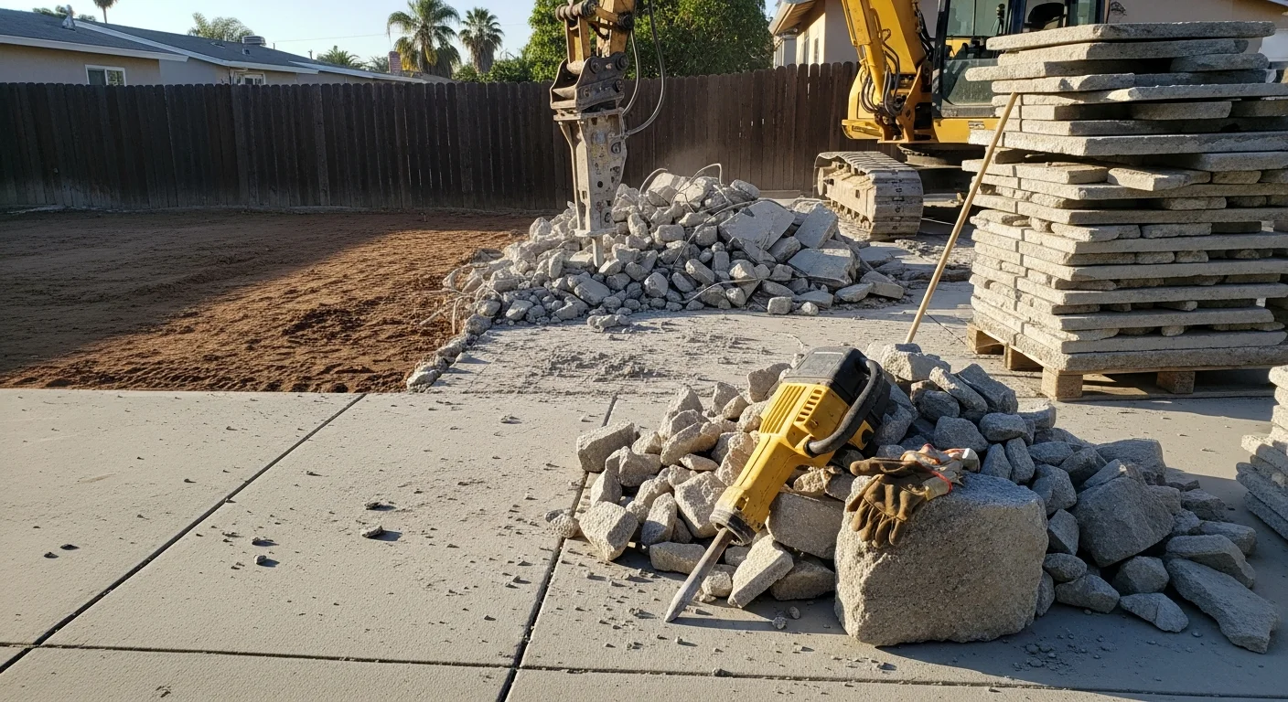 A Ruiz Masonry & Concrete crew breaking up and removing a cracked residential concrete driveway slab on a Camarillo property. The surrounding landscaping is intact and the cleared area is ready for new concrete work.
