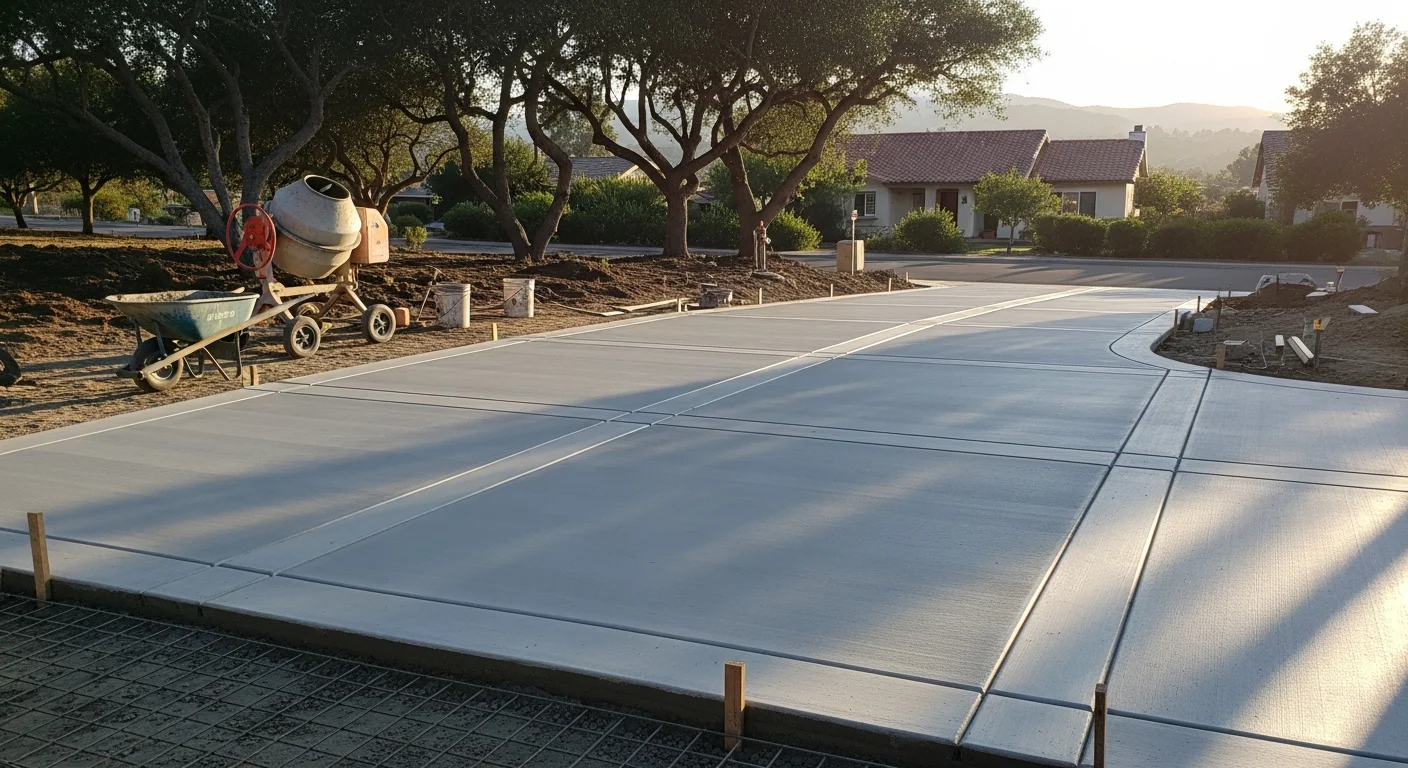 Freshly poured and broom-finished concrete driveway in front of a single-family home in Camarillo, California. The surface is smooth, evenly formed, and slopes away from the garage toward the street.