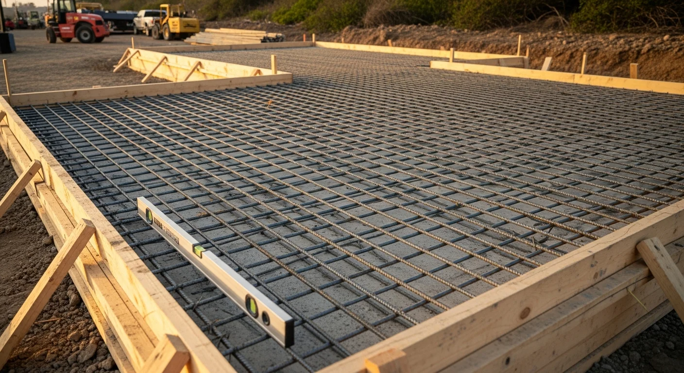 Freshly poured and formed concrete foundation slab with visible steel rebar reinforcement on a residential lot in Camarillo, California. The site shows compacted sub-base and formed perimeter footings ready for inspection.