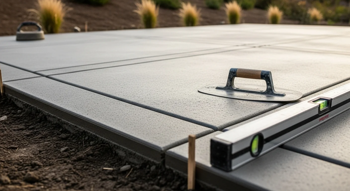 A freshly installed broom-finish concrete patio in a Camarillo backyard, with clean slab edges and a gentle slope away from the home's rear foundation. The surrounding yard shows typical Camarillo residential landscaping with dry-climate plantings and a wood fence line.