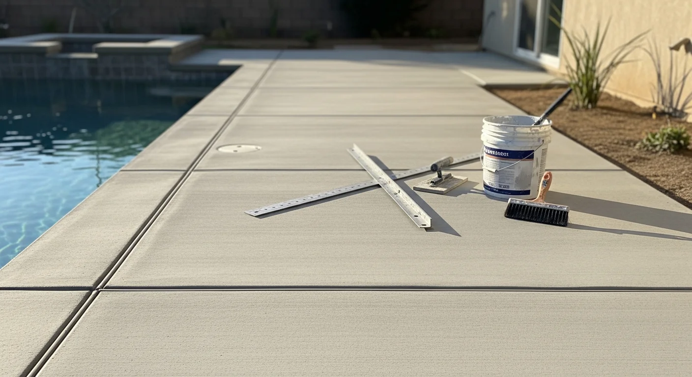 Freshly installed broom-finished concrete pool deck surrounding a residential in-ground pool in a Camarillo backyard. The surface shows clean saw-cut control joints and a smooth transition to the pool coping.