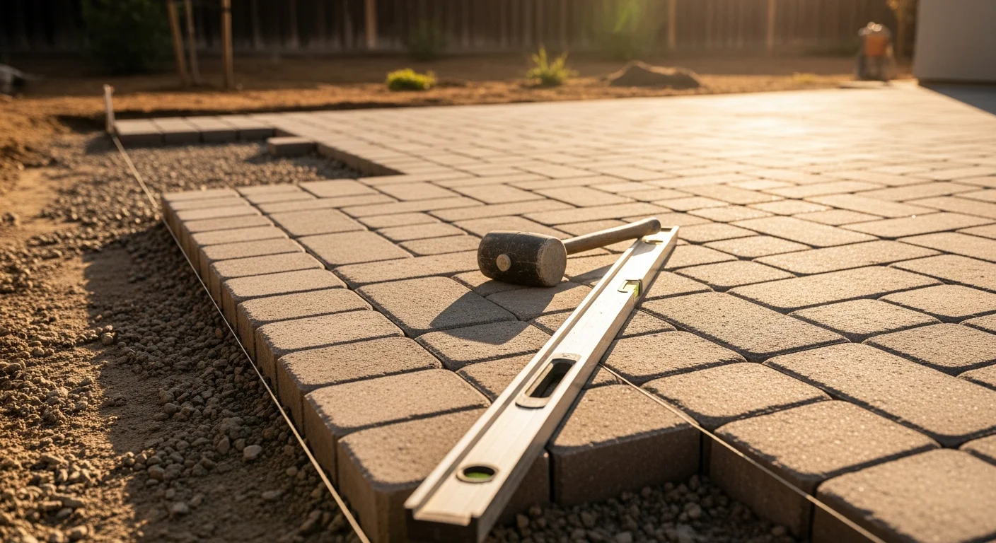 Freshly installed interlocking paver driveway at a single-family home in Camarillo, California, with tight uniform joints and a compacted aggregate base visible at the edge. The paver surface extends from the garage apron to the street with a clean, level finish.