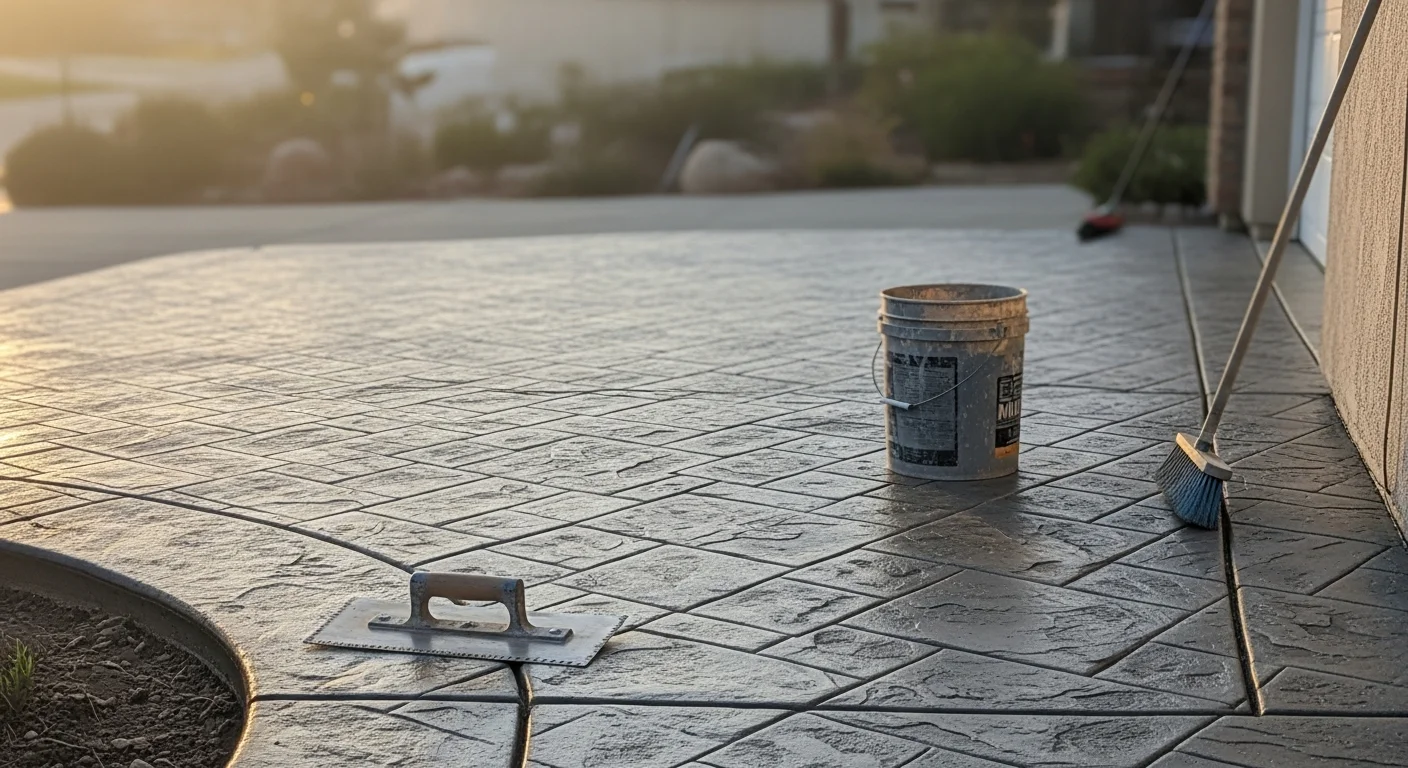 Freshly installed stamped concrete patio with a flagstone pattern and warm earth-tone color at a residential property in Camarillo, California. The surface extends from the back of the home toward a landscaped yard under clear Southern California sky.