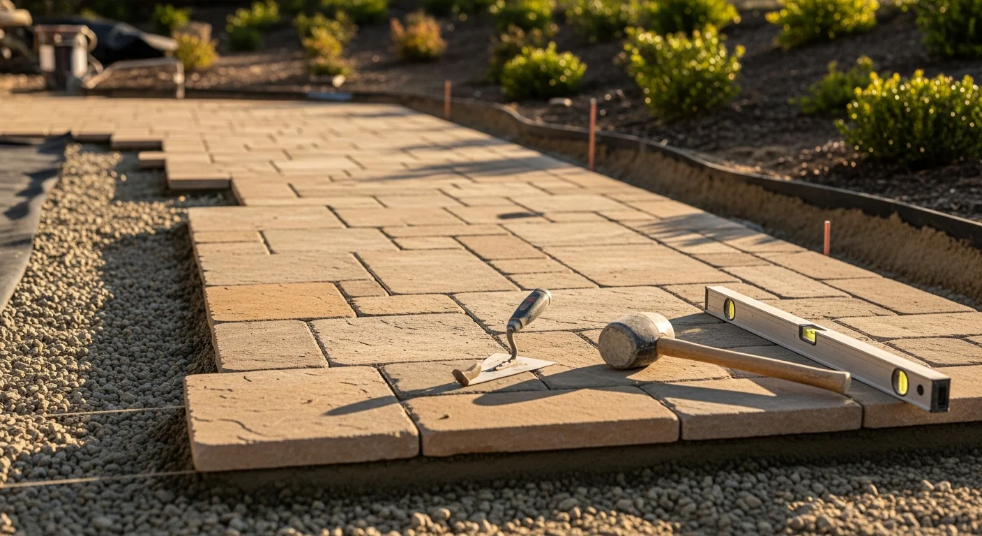 A finished stone retaining wall and flagstone patio installed by Ruiz Masonry & Concrete at a Camarillo residential property, with hand-set stones, tight mortar joints, and a clean border along a sloped backyard.
